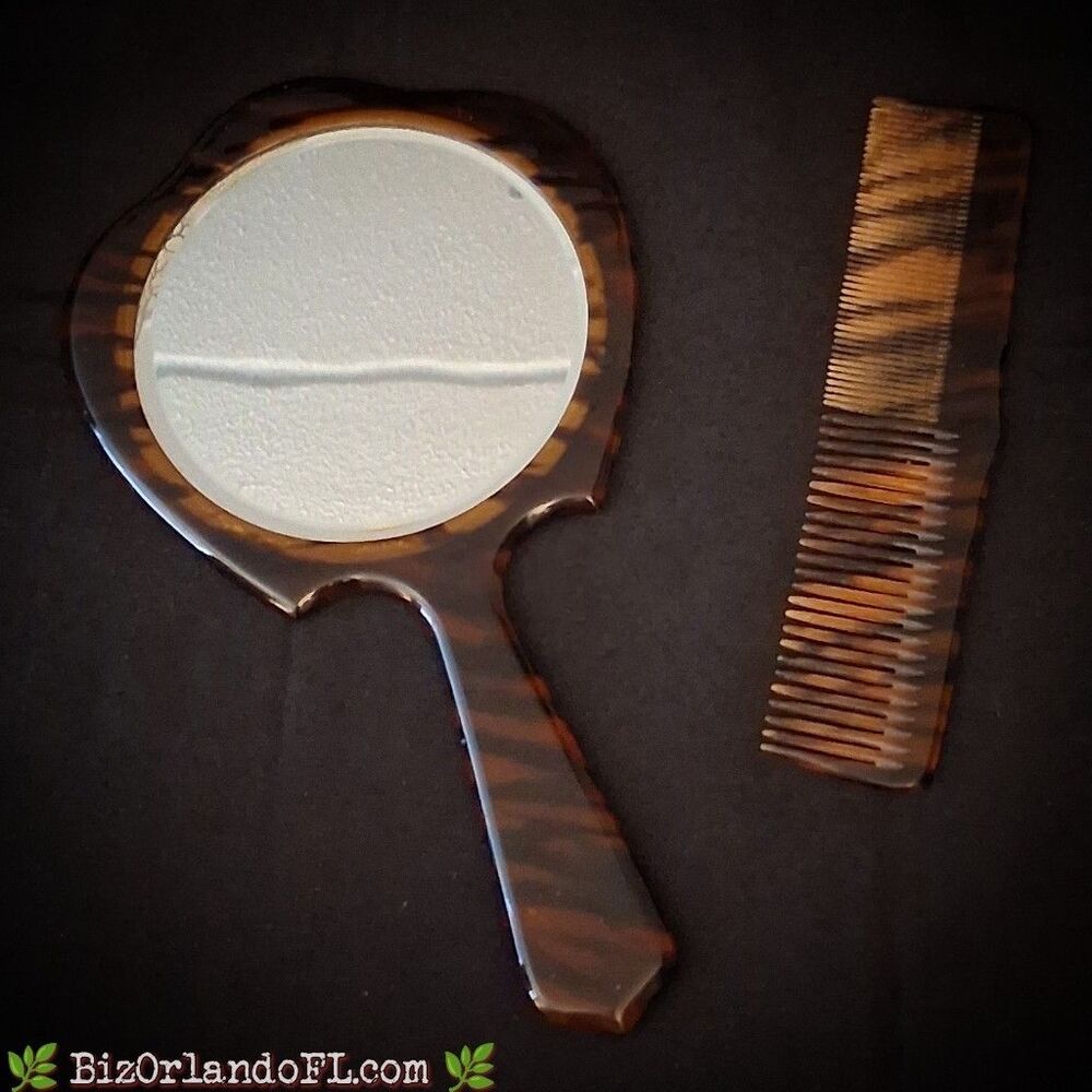 VINTAGE: Classic Faux Tortoise Shell Celluloid Hand Mirror & Matching Comb MCM